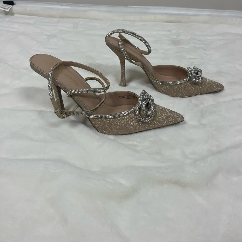DREAM PAIRS GOLD GLITTER HEELS WITH CRYSTAL BOW SIZE 8.5 - Picture 7 of 15